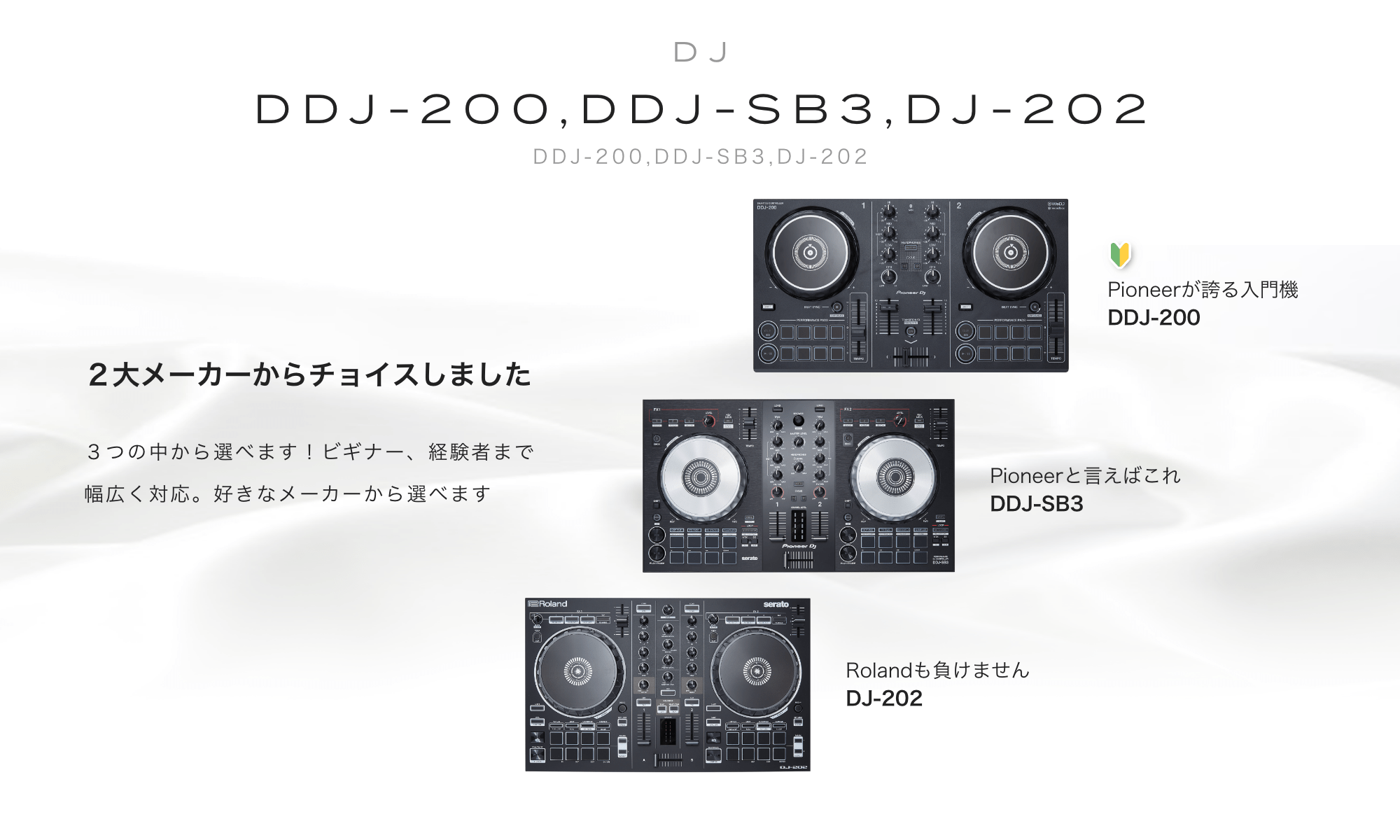 DJ機材 ２大メーカーからチョイスしました　Pioneerが誇る入門機DDJ-200 Pioneerと言えばコレ　DDJ-SB3　Rolandも負けません　DJ-202 ３つの中から選べます！ビギナー、経験者まで幅広く対応。好きなメーカーから選べます